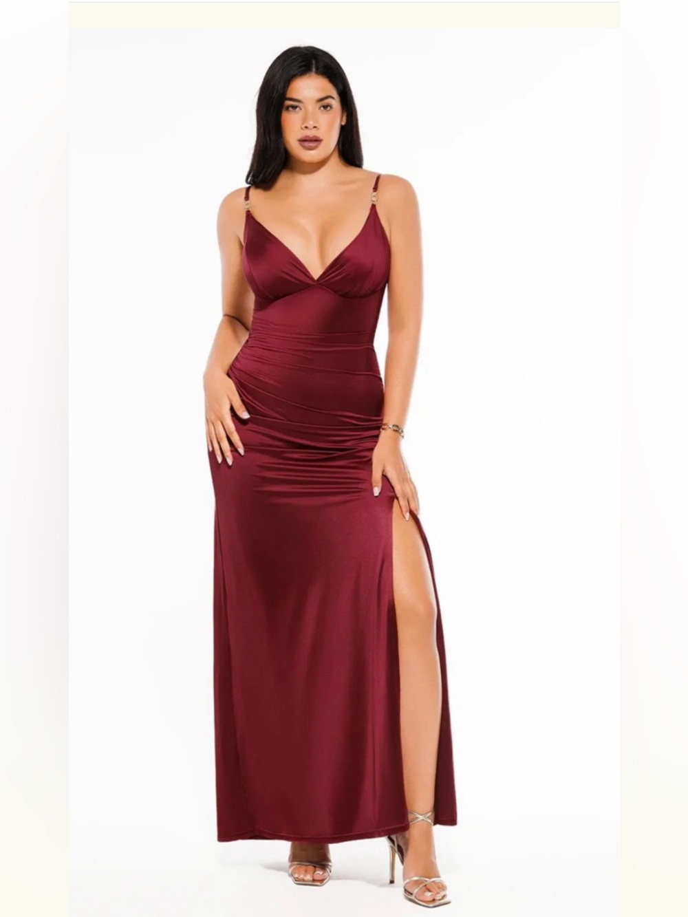 Women’s Burgundy Maxi Slip Dress with Side Slit - Picture 5 of 9